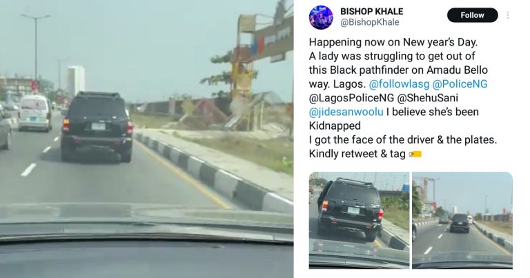 Man raises alarm after capturing a woman struggling to escape car during suspected k!dnapping in Lagos (WATCH)