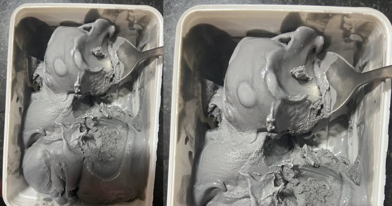 "Na cement flavor" – Reactions as lady shows off the 'charcoal lychee' Ice cream she's consuming