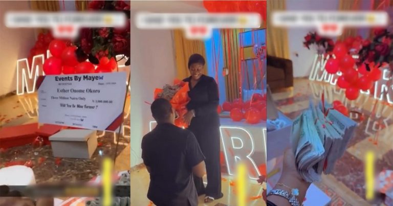 Nigerian man elevate standards, propose to his partner with 3 million naira, expensive jewelry and other luxury items