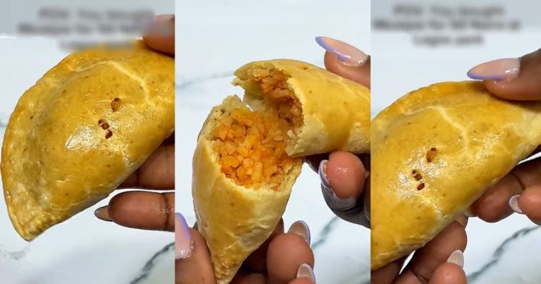 "Smokey jollof pie" – Confusion as Lady discovers jollof rice filling in her 50 naira worth of meat pie