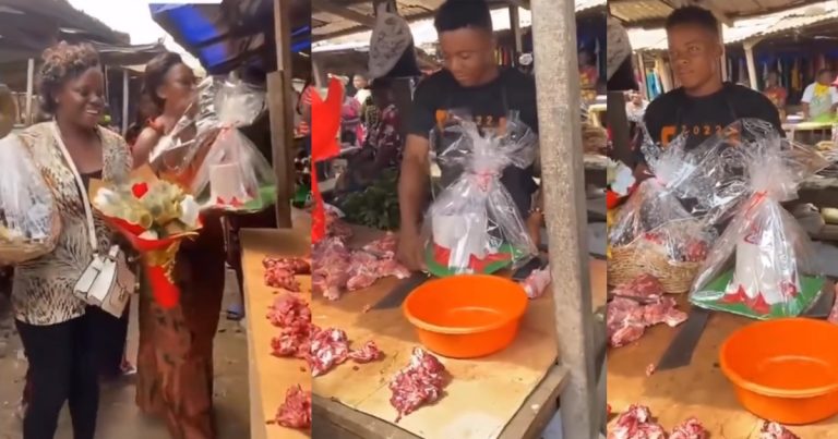 Best in loving! Romantic wife surprises her meat seller husband at his place of work on his birthday (VIDEO)