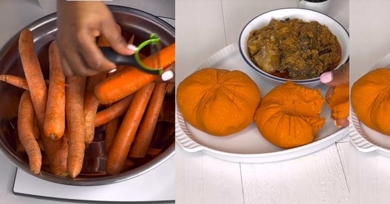 "Carrot stew and now carrot swallow" - Nigerians in shock as chef prepare "Fufu" using carrots (WATCH)