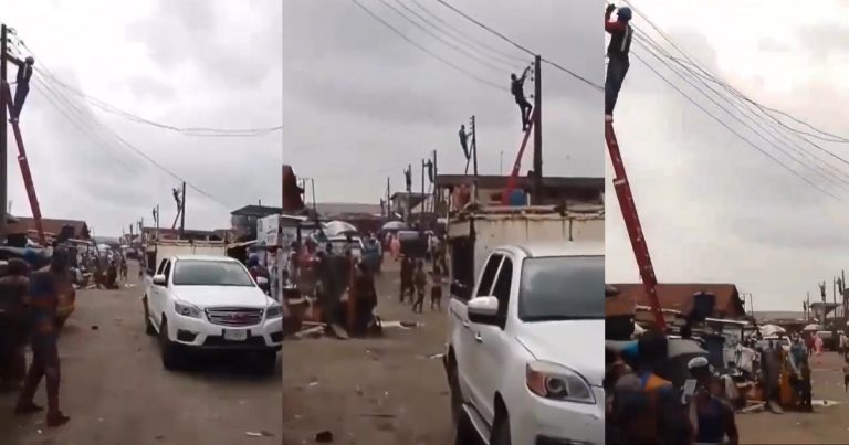 "Everybody should just go and buy candle" - Reaction as multiple electricity officials mount a street in Lagos State to disconnect their light