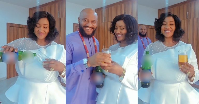 Nigerians react to video of Pastor Yul Edochie and his mummy G.O Judy Austin celebrating Valentine's Day with a bottle of beer (VIDEO)