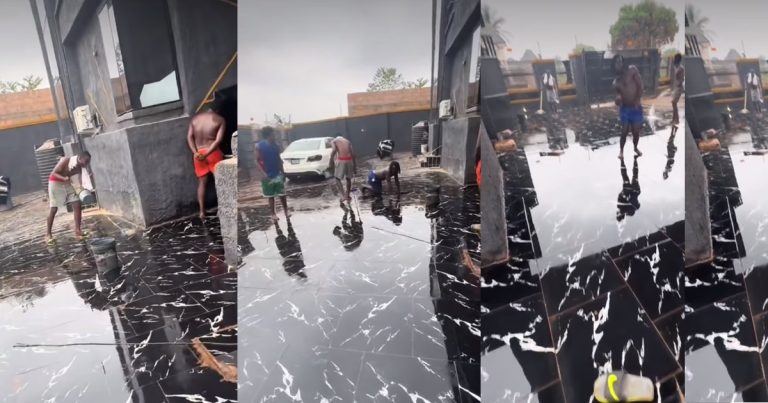 "Slippery tiles on exterior floor" - Netizens react after Nigerian men shows off the fancy tile in their compound