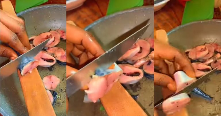 Video Of A Nigerian Woman Cutting Her Fish Into Tiny Portions Amidst Soaring Food Prices Goes Viral (WATCH)