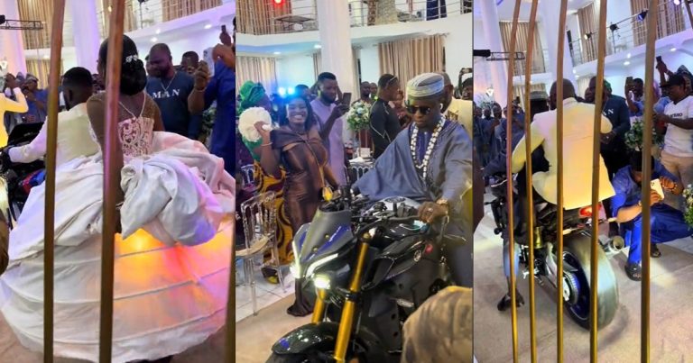 "Bride go soon ride bike"- Netizens react as couple arrive to their wedding reception on a bike (WATCH)