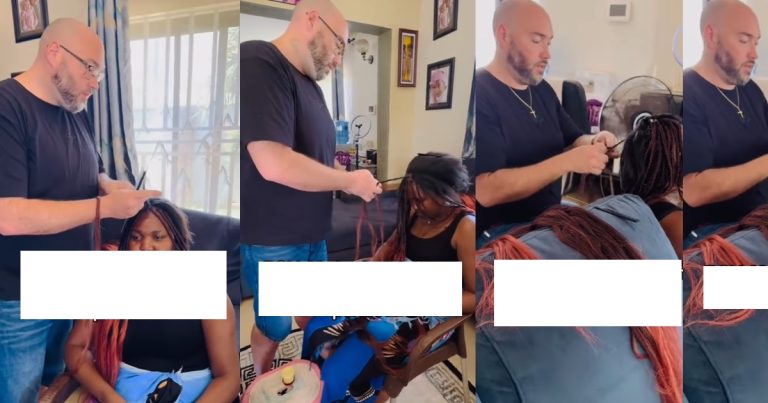 Heartwarming video of American man braiding his Ugandan wife's hair (WATCH)