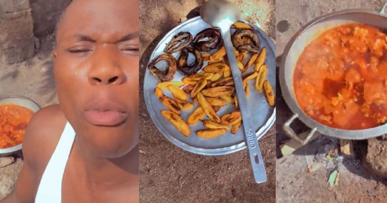 "House of milk and honey" – Nigerian Man Flaunts Delicious Feast He Eats At His Mom's House, Refuses To leave Over Free Food (VIDEO)