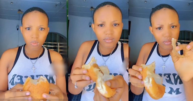 "If you eat it fast fast you won’t taste it" – Netizens React As Lady Is Stunned To Find Ponmo Inside Milky Doughnut (VIDEO)