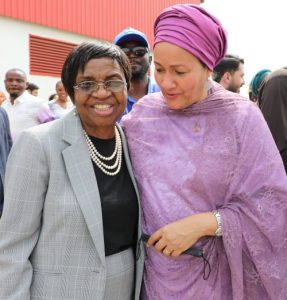 L-R: The Director-General of National Agency For Food and Drug Administration and Control (NAFDAC), Prof. Mojisola Adeyeye and United Nations Deputy Secretary General,  Dr. Mrs Amina Mohammed during an official visit to the multi-billion Naira ultra-modern Afrimedical Manufacturing and Supplies Limited Syringe factory located within Karameh Industrial City, Arepo, Ogun State…. on Thursday.