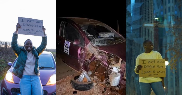 "Say a prayer for me" - Nigerian travel creator calls for prayers after being involved in an accident during her solo drive from London to Lagos (VIDEO)