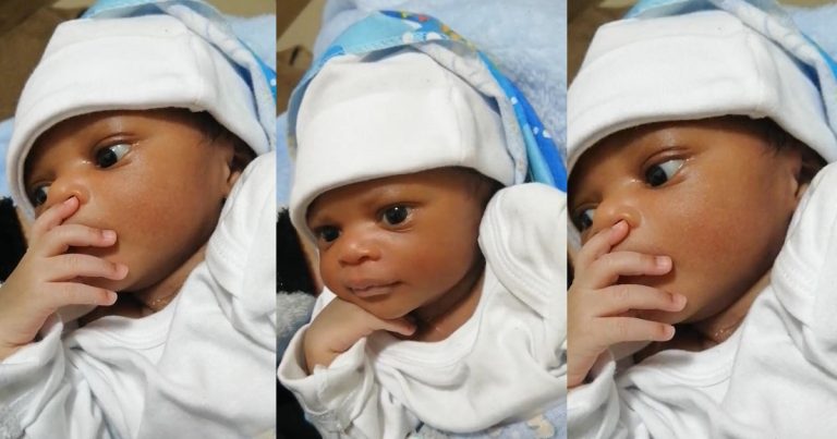 "That Angel on internship scammed him for sure" - Trending facial expression of four days old baby gets people talking (VIDEO)