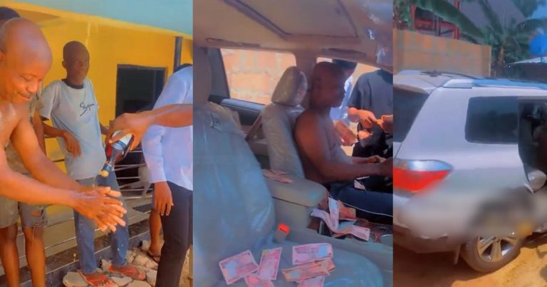 Video Of A Nigerian Big Boy Washing His Fathers Hands With Expensive Alcohol And Gifting Him A SUV Goes Viral (WATCH)