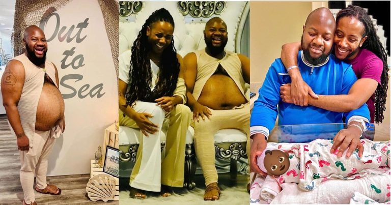 "Can the world just ǝnd already" – Pictures of a very pregnant man in his baby shower and after delivering the baby trends online