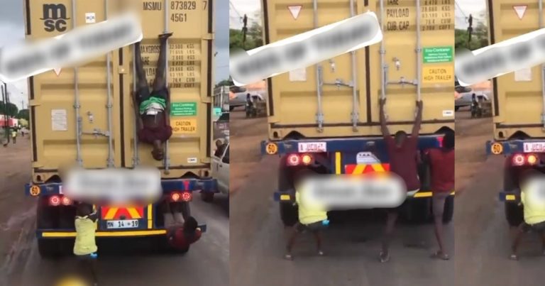 "Drivers should have canes in their cars" - Viral Video of Kids performing stunts on a moving truck in Ghana(WATCH)