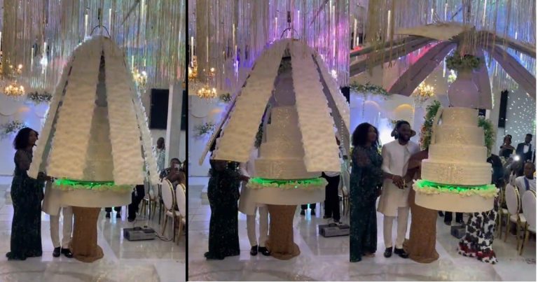 Flying wedding cake leaves many sh0cked as it descends from "heaven" and stands without support