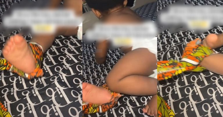 "He can dǝstroy a room in 20 seconds" - Nigerian mother's unusual method of controlling her energetic toddler goes viral (WATCH)