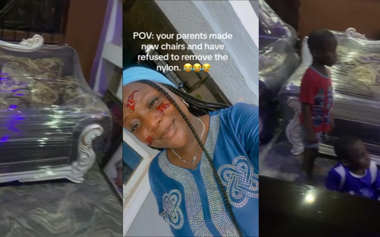 Netizens React As Lady Shares How Her Parents Refused To Remove Nylon Cover From Their New Chairs, Forcing Kids To Sit On The Floor (WATCH)