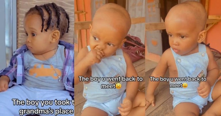 "Tegwolo, is that you?" – Netizens reacts to video of a baby whose grandmother gave a clean cut, 'gorimapa' style (VIDEO)