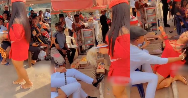 Video of a Nigerian bride collapsing while presenting wine to her groom during their wedding ritual goes viral (WATCH)