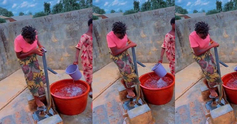 "You do exercise, still fetch water" - Video of young girl fetching in an unfamiliar manner (WATCH)