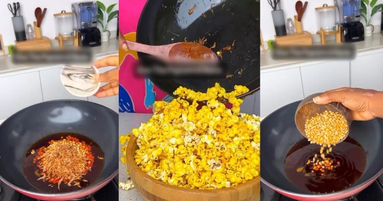 "You forgot to add iru and onions" - Reaction as lady makes popcorn with palm oil and crayfish