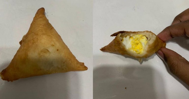 "You made egg puffs" - Reaction as man shows off the filling in the samosa he made