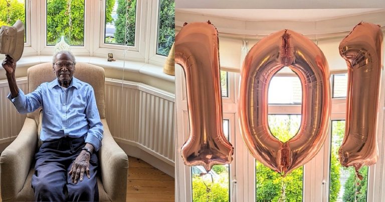 Caucasian man celebrates his healthy-looking father as he turns 101 