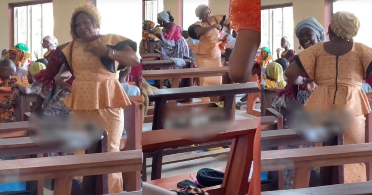 "Mama just want to see your face" – Adorable video of Nigerian mum dancing in church following her complaint about being ill shocks her son (WATCH)