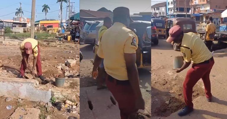 Mixed Reactions As LASTMA Officer Fills Large Potholes With Sand On Major Road (WATCH)