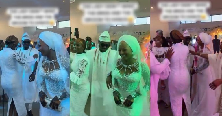 "Na him second babe be that" – Viral video of lady interrupting a couple while dancing on their wedding day (WATCH)