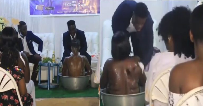 Netizens express sh0ck as Ghanaian pastor bathes female church members (VIDEO)