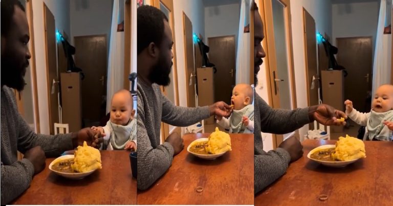 Netizens roar with laughter as a white baby rushes his dad to feed him Nigerian food