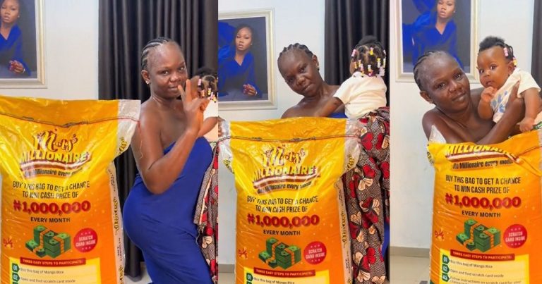 Nigerian Lady Captivates Netizens as she Organizes Photoshoot With Bag Of Rice Due To Its Soaring Prices (WATCH)