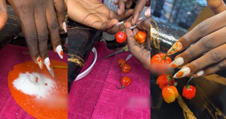 Nigerian Lady Sparks Buzz Online As She Creates Unique Pepper And Salt Nails (WATCH)