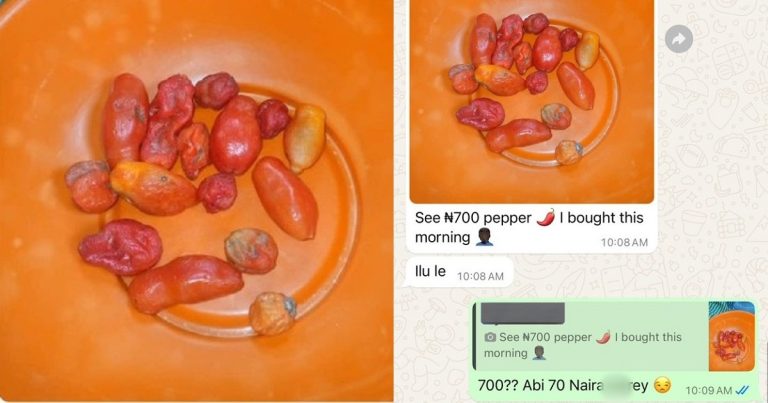 Nigerian man shows off the pepper and tomatoes he bought for N700 naira