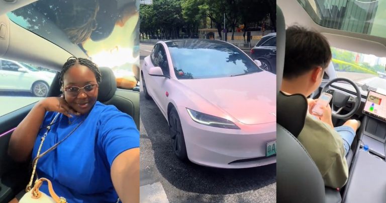 Stunning moment a Ghanaian lady UBER driver shows up in a Tesla in China (WATCH)