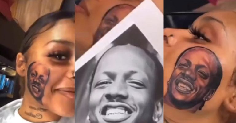 Woman Stuns Netizens Online As She Inks A Permanent Tatt00 Of Her Boyfriend's Face On Hers (VIDEO)