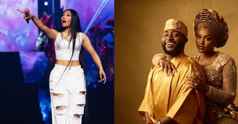 American rapper, Nicki Minaj stúns fans as she congratulates Davido and Chioma on their wedding while performing in Portugal (WATCH)