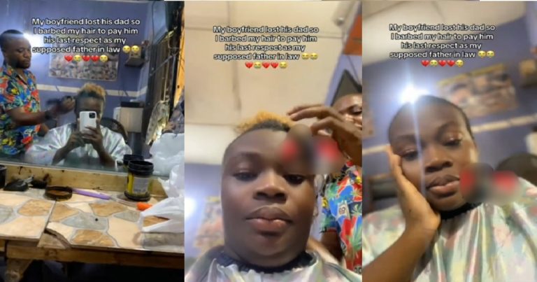 "Are you the widow?" – Netizens react as girlfriend shavǝs hair to moúrn her boyfriend's recently late father (VIDEO)