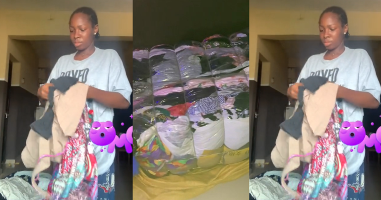 "Business and risk is like bread and butter" – Nigerian lady reveals the bale of thrift clothes she ordered for N420,000 (WATCH)