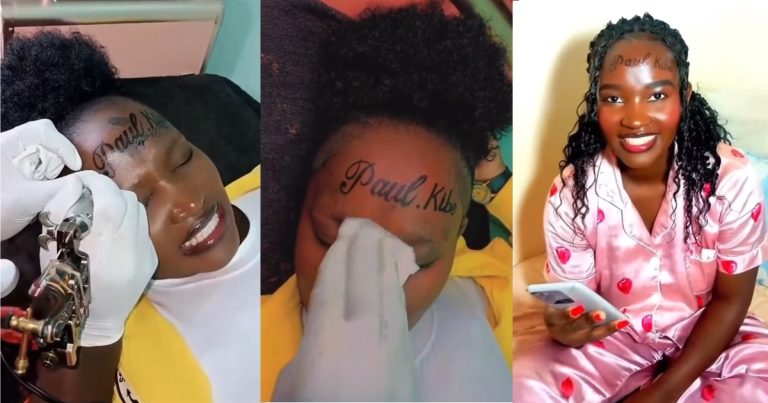 "Chioma no do reach this one" – Netizens react as a lady permanently brands boyfriend's name on her forehead (VIDEO)