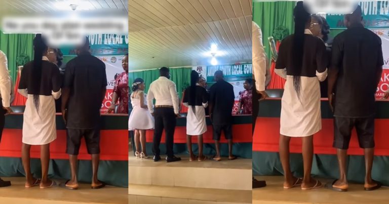 "Dey wed abi dey no wed"- Couple unique choice of outfit to marriage registry stirs reaction online (WATCH)