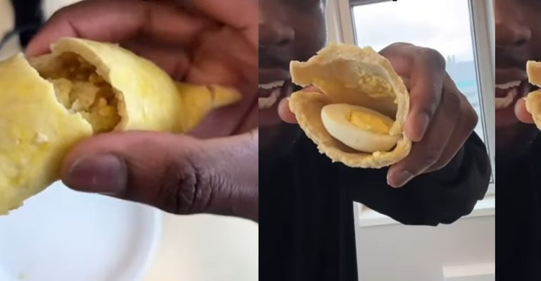 "Egg na meat?" – Hilarious moment man discovers fried and boiled egg inside meat pie (VIDEO)