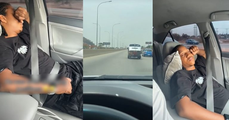 "His trust is in the seat belt" – Lady jubilates as her boyfriend sleeps off while she is driving on the highway (VIDEO)