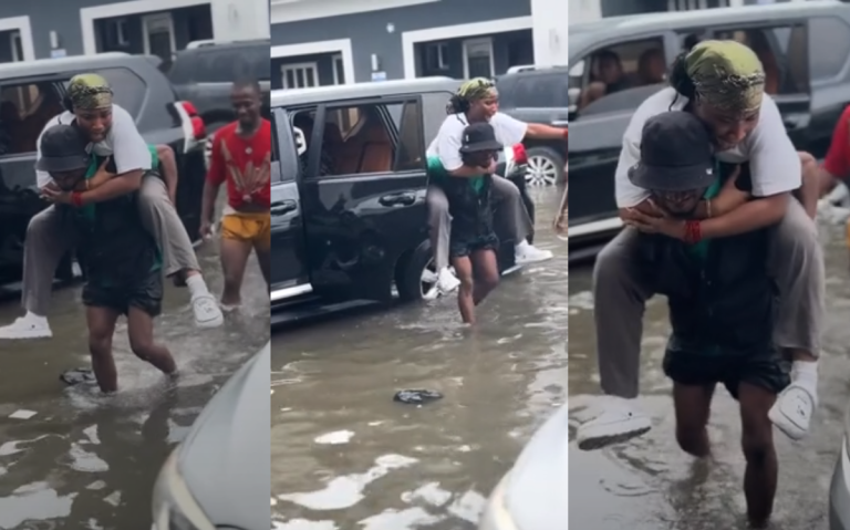 "Lekki flood almost carried me" – Lady seeks help from street boys as her car stuck amid Island flood water (VIDEO)