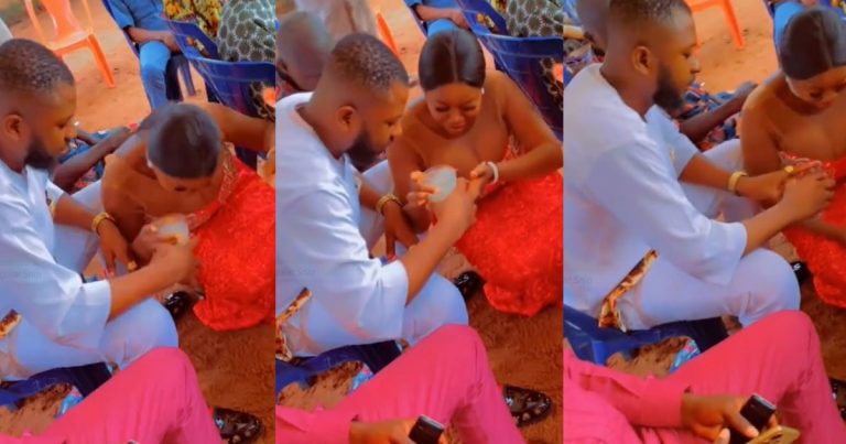 Moment Groom Refuses To Drink Palm Wine Offered By Bride During Traditional Wedding Sparks Controversy (WATCH)