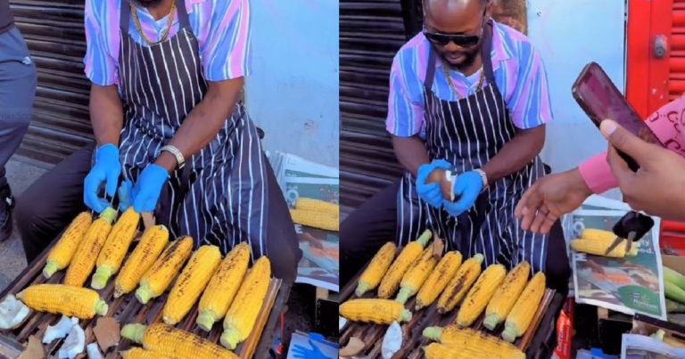 Netizens React As Customers Cause Commotion, Struggling To Purchase Roasted Corn From A Nigerian Vendor In UK (WATCH)