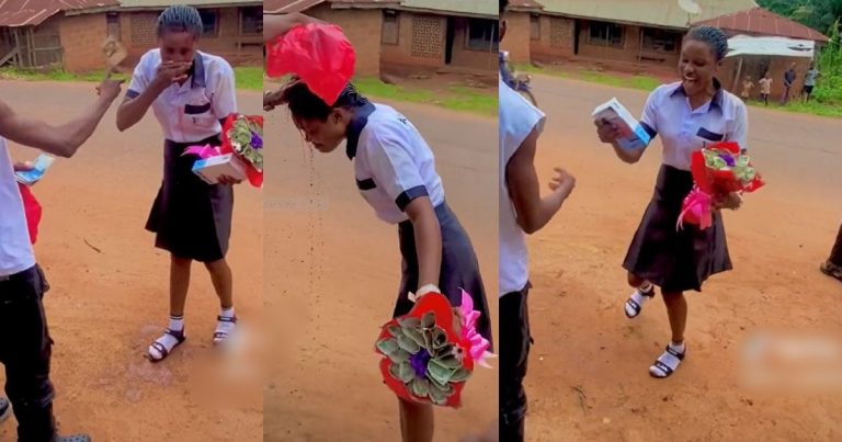 Netizens react as lady gets sprayed with cash, receives a new phone and bouquet to celebrate WAEC completion (VIDEO)